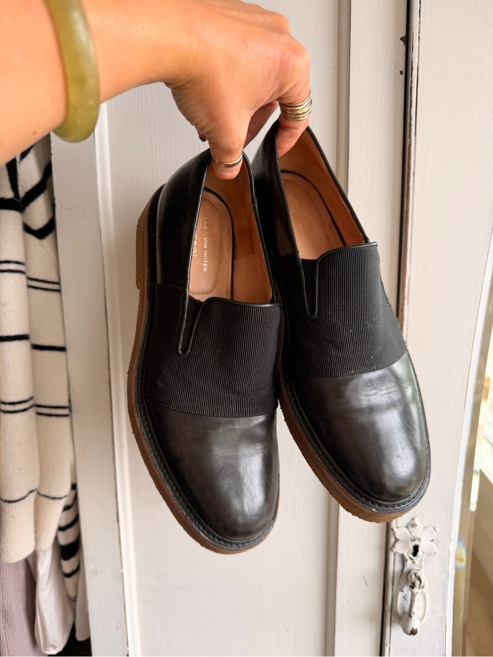 Dries Van Noten Black Leather Slip-On Loafers with Elastic Panel